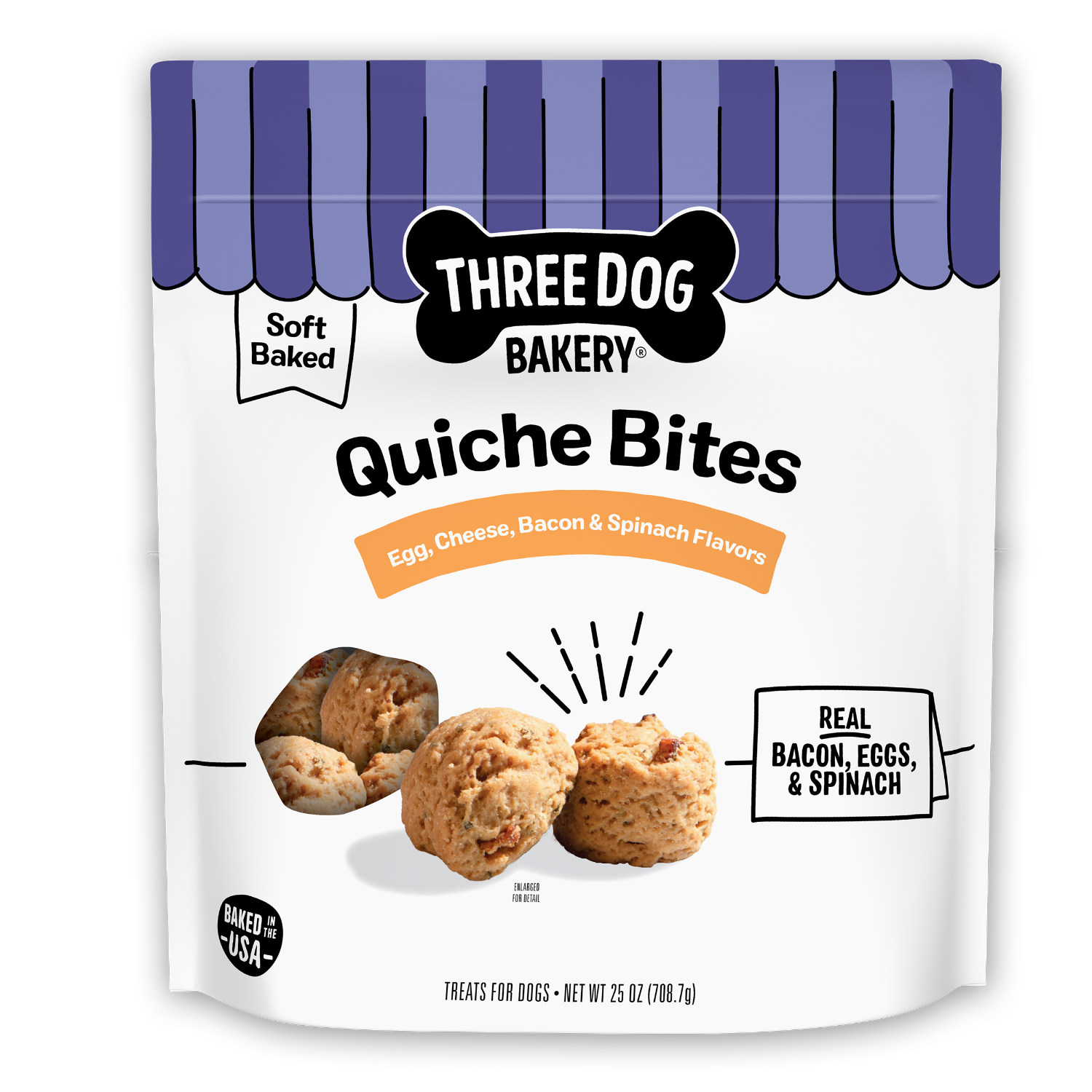 Three Dog Bakery Quiche Bites With Egg, Bacon, Cheese, & Spinach Flavors Soft Baked Dog Treats, 25-Oz Bag